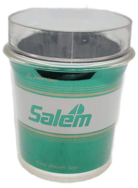 Salem Cigarettes plastic cup by Thermo Serv.  The promotional cup stands 4.5-inches tall and looks like a pack of Salem Cigarettes with green with gold trim with white band in the center.
