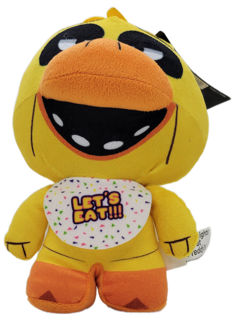 Five Nights At Freddy's 2017 10-inch plush of Chica by Good Stuff.  Chica is wearing a "Let's Eat" with confetti bib.