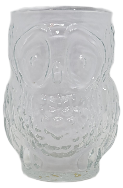 Vintage glass shaped owl tumbler by Libbey Glass Company.  The glass is molded as an owl from top of head to the feet and stands 4.75-inches tall, has 3-inch wide mouth opening, a total width of 3.25-inches at the center and 2.25-inch base diameter.