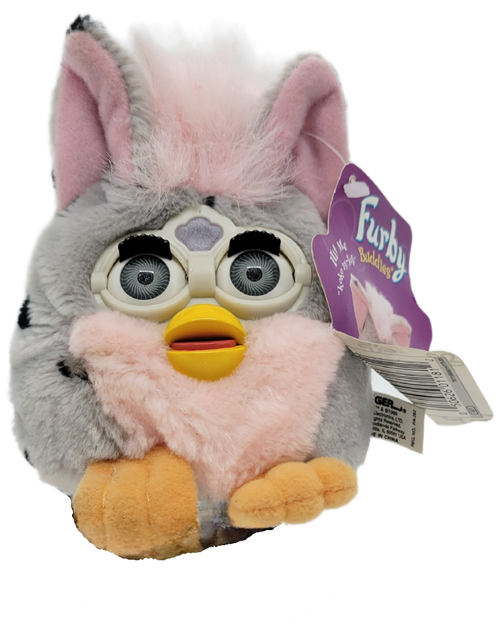 Tiger Electronics 1999 Furby Buddies bean bag plush of Leopard "More Light" model 70-716.  Leopard is grey with black spots  with pink chest and pink hair.  His English name is "More Light" and stands 4.25-inches tall.