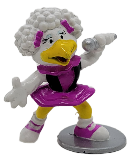 Showbiz Pizza Time 1994 PVC figure of Helen Henny from Chuck E. Cheese wearing a black and purple skirt while holding a microphone.  Helen Henny figure stands 2.5-inches tall.