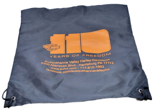 Harley-Davidson 2013 Susquehanna Valley Harley-Davidson 110 years of freedom black draw string backpack.  The bag is 14-inches wide and 17-inches long.