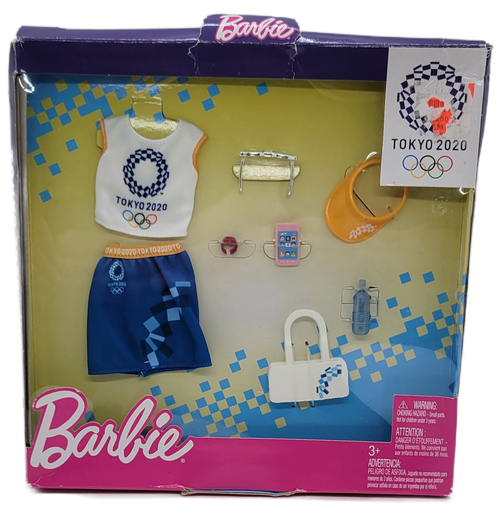 Barbie 2020 fashion outfit set of Tokyo 2020 Olympic Games set.  The set includes white t-shirt with Tokyo 2020 with gold sleeves, blue skirt with gold trim, silver sunglasses, red watch, pink smart phone, gold visor, white purse and blue water bottle.
