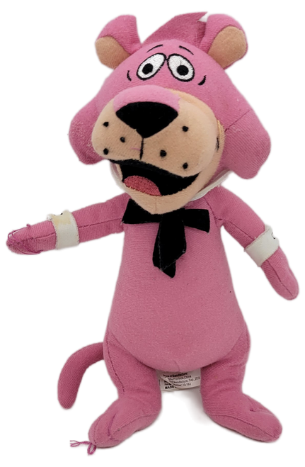 Hanna-Barbera 10-inch Snagglepuss plush from the 2010 Hanna-Barbera Collection by Toy Factory. He is a hot pink anthropomorphic cougar (also known as a mountain lion, puma, panther and catamount) with an upturned collar, two cuffs and a black tie.