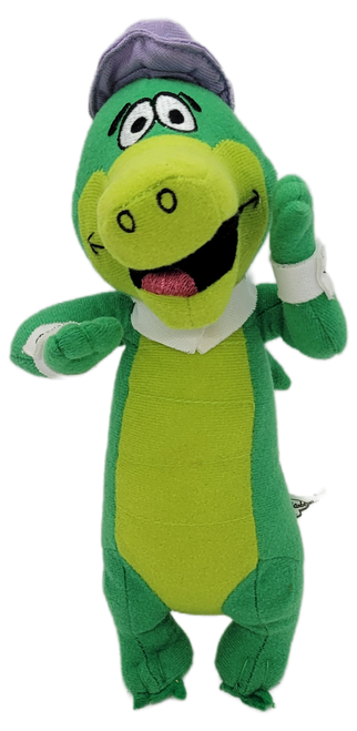 Hanna-Barbera 10-inch Wally Gator plush from the 2010 Hanna-Barbera Collection by Toy Factory. Wally Gator is a friendly, anthropomorphic alligator that wears a purple hat and white collar.