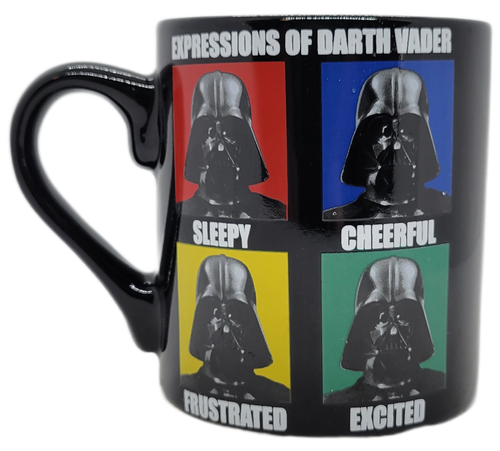 Silver Buffalo 14 oz. ceramic mug featuring Star Wars Darth Vader expressions on opposing sides of the black mug.  The mug is microwave and dishwasher safe.