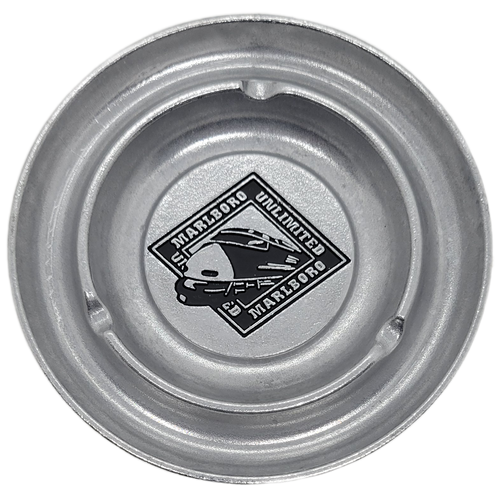 Marlboro Unlimited cigarettes promotional metal ashtray with train locomotive in the center.  The ashtray was made in Taiwan and is 5-inches across.
