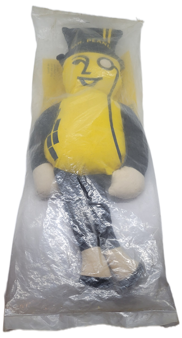 Vintage Planters Peanuts advertising 20-inch rag doll of Mr. Peanut in original mailer. Mr. Peanut is the advertising logo and mascot of Planters, an American snack-food company owned by Hormel. He is depicted as an anthropomorphic peanut in its shell, wearing the formal clothing of an old-fashioned gentleman, with a top hat, monocle, white gloves, spats, and cane.