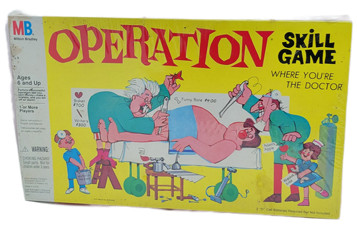 Vintage Milton Bradley Operation skill game.  The game is a test of nerves and strategy while performing surgery.  The game is for ages 6 and up.
