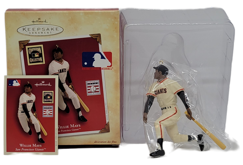 Hallmark Keepsake ornament 2004 Cooperstown Collection series of Willie Mays at the ballpark.  Willie Mays is a Hall of Fame Outfielder that played for the MLB's San Francisco Giants and is in a hitting position.