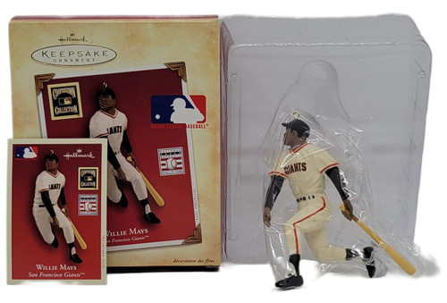 Hallmark Keepsake Ornament 2004 MLB San Francisco Giants Willie Mays At The Ballpark, collectible figurine of Willie Mays in baseball uniform with bat, in clear plastic packaging with box.