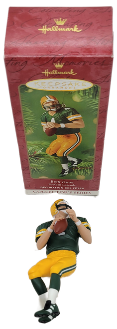 Hallmark Keepsake ornament 2001 football legends collector series of Brett Favre.  Brett Favre is a Hall of Fame Quarterback that played for the NFL's Green Bay Packers and is in a throwing position.