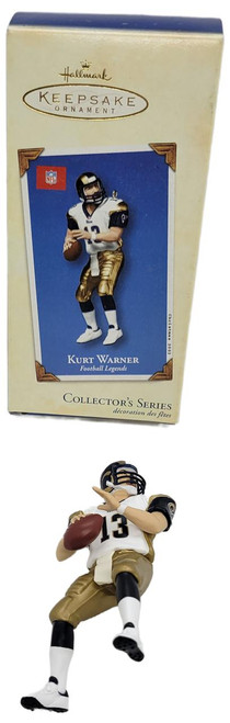 Hallmark Keepsake Ornament 2002 NFL St. Louis Rams Kurt Warner, collectible football ornament featuring a detailed figurine of Kurt Warner in his Rams uniform holding a football.