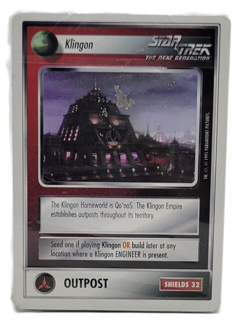 Decipher 1995 Star Trek Klingon CCG 60 Card Promo Deck, front view of the card featuring an image of a Klingon outpost with detailed text and game information.