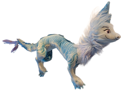 Disney Story exclusive 24-inch plush of Sisu from Disney's Raya and the Last Dragon movie.  Sisu is a long spindly looking dragon. She is blue in color with a darker shade on her back and a lighter shade on her stomach, arms, and face. She has short dorsal fins on her back and possesses white-bluish-violet hair as a mane and a small tuft of her at the end of her tail.