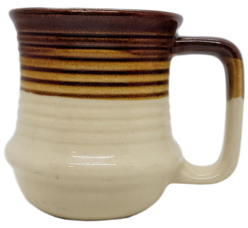 Unknown Vintage Brown & Cream Ceramic Mug With D Handle, Made in Taiwan, featuring a gradient design with horizontal brown lines on top and a cream-colored lower section.
