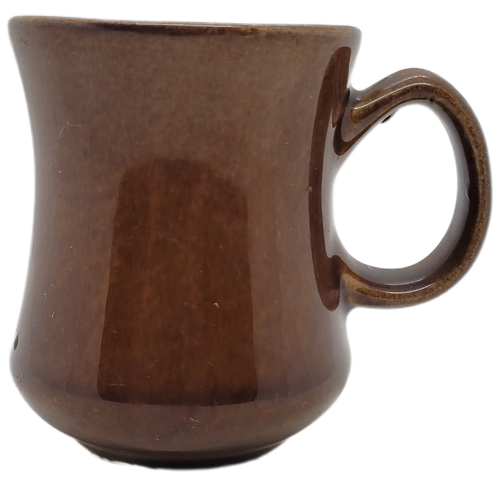 Vintage brown bell-shaped diner style ceramic coffee mug.  The mug stands 3.5-inches tall and made by DCC Pottery.