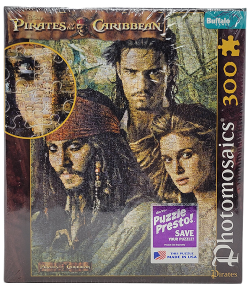 Buffalo Games Pirates of the Caribbean pirates photomosaics 300 piece jigsaw puzzle.  The completed puzzle features Jack Sparrow, Will Turner and Elizabeth Swann and measures 15" x 21.25".