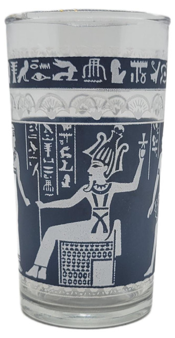 Hazel Atlas Hazel-Atlas White Egyptian Figures On Gray 4.5 inch Flat Tumbler, featuring ancient Egyptian hieroglyphic designs and a seated figure with a headdress.