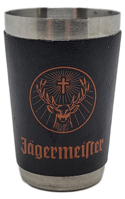 Jägermeister Stainless Shot Glass Black Leather Orange Logo, stainless steel shot glass with black leather exterior and Jägermeister logo featuring a stag, cross, and orange logo design.