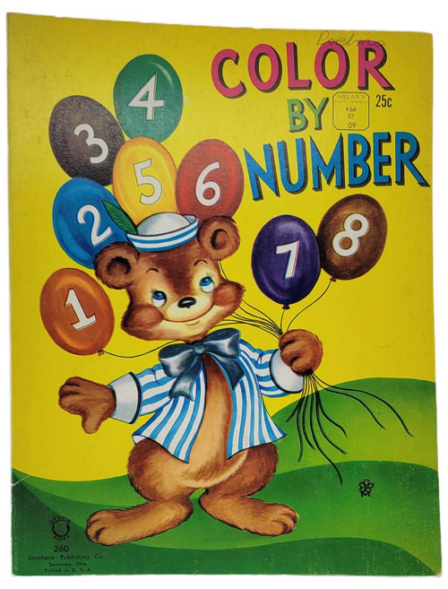 Stephens Publishing Co. Vintage Stevie Books Color By Number #260 Coloring Book, featuring a cute bear holding colorful balloons with numbers, on a bright yellow background.