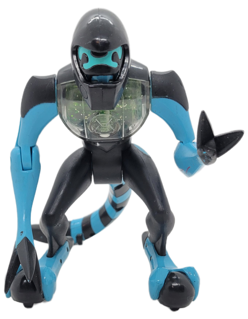 Bandai 2007 Ben 10 action figure of XLR8 from the DNA Alien Heroes series. XLR8 resembles a semi-armored Velociraptor. He has black orbs on his feet, a black tail with five blue stripes, and bulky claws on his three fingers that can only open and close. He wears a black cone-like helmet with a protective visor that slides over his face