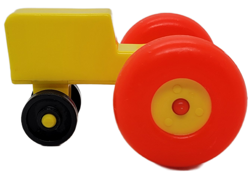 Fisher-Price Original Little People #2501 Play Family Farm yellow tractor with orange back wheels.  The front black wheels are not marked Fisher-Price.