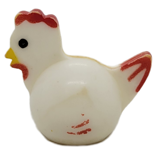 Fisher-Price Original Little People Chicken / Henrietta Hen with Hong Kong under left wing.  The chicken is white with black dot eyes / yellow beek / red wings and feathers.  This is the first type of chicken made by Fisher-Price.