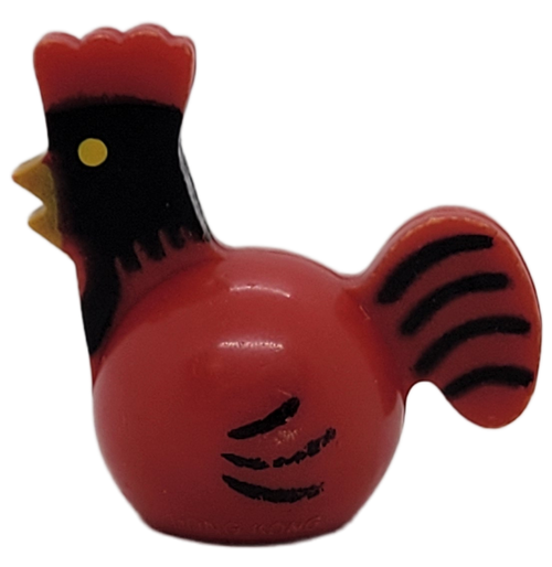 Fisher-Price Original Little People Rooster / Rusty Rooster with Hong Kong under left wing.  The rooster is red with yellow dot eyes / yellow beek / black wings and feathers.  This is the first type of chicken made by Fisher-Price.  Fits #117 Barnyard Friends, #716 Tractor and Cart and #915 Farm (1968 - 1973)
