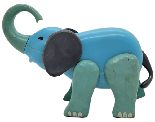 Fisher-Price Original Little People elephant.  The elephant is blue with grey ears and has 4 jointed legs and the head moves up and down.  The long trunk swivels and is curved to hold a Little People figure.  The giraffe was from #135 Play Family Circus and #991 Circus Train sets.
