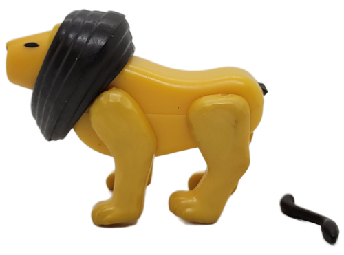 Fisher-Price Original Little People lion with black oval eyes and dark brown mane.  The lion has 4 jointed legs with head that moves up and down.  The giraffe was from #135 Play Family Circus and #991 Circus Train sets.