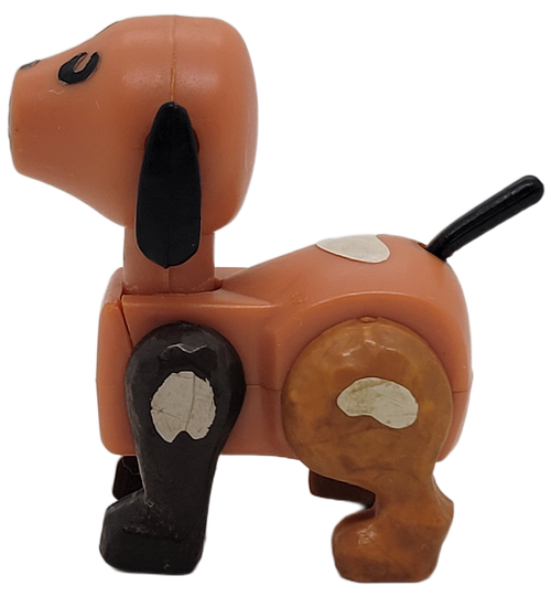 Fisher-Price Original little People Spot the dog toy figure.  The figure was available in #915 Play Family Farm set.  This 1973-1974 version has dark brown front legs and stamped Hong Kong on bottom.