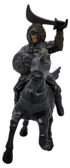 TONKA 1988 Willow: Horse and Riders Nockmaar Warrior Figure, loose toy figure of a medieval warrior riding a horse, holding a sword, detailed armor and horse accessories, collectible action figure from the Willow series.