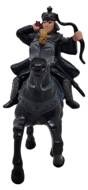 TONKA 1988 Willow: Horse and Riders Sorsha Figure (Loose), action figure of a girl riding a black horse and holding a bow, vintage toy collectible from 1988.