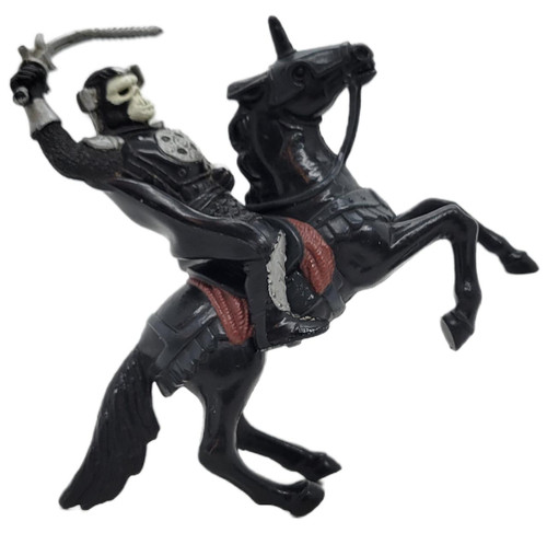 TONKA 1988 Willow: Horse and Riders General Kael Figure, loose toy figurine of a black horse with a rider featuring a ape-like face and armor, with red saddle straps.