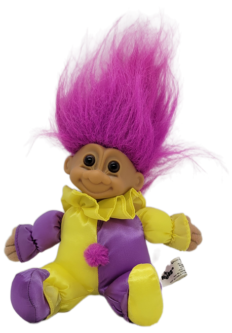 Russ Berrie jester / clown troll doll that sits 5-inches tall with purple hair. The troll is wearing a half purple / half yellow outfit with yellow collar.