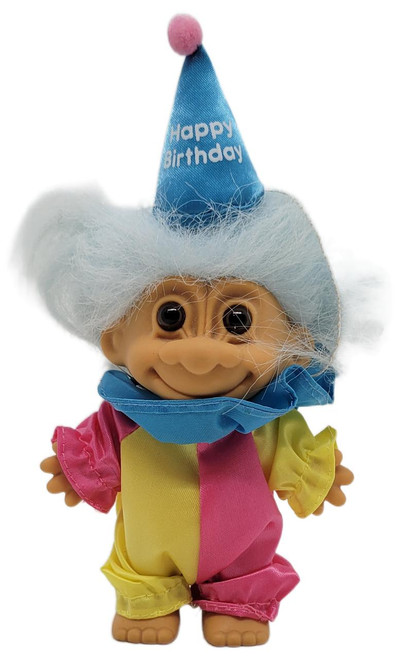 Russ Berrie & Co Russ Berrie Happy Birthday 5" Troll with Light Blue Hair, wearing a birthday hat and colorful outfit.
