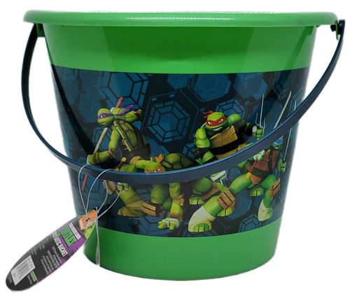 Nickelodeon 2017 Teenage Mutant Ninja Turtles jumbo plastic bucket often used for Easter Baskets, Trick or Treat or beach time.  The bucket is green featuring Leonardo, Donatello, Raphael and Michelangelo.  The bucket is 9-inches tall and 10-inches across.