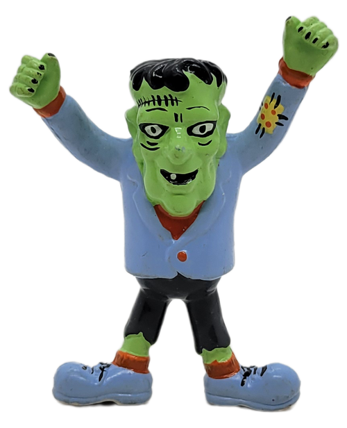 Applause 1989 Frankenstein 2.75-inch tall PVC figure #21466.  Frankenstein is wearing gray pants, red shirt and purple jacket with his arms straight up towards the sky.