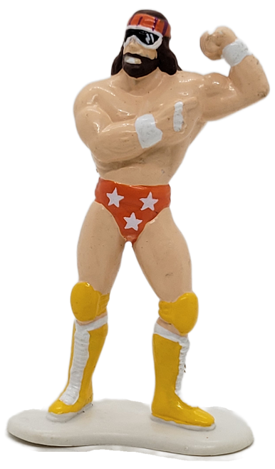 Titan Sports 1990 3.5-inch PVC figure of WWE "Macho Man" Randy Savage wearing his orange tights with white stars and yellow knee pads and boots. Randy Mario Poffo, better known by his ring name "Macho Man" Randy Savage, was an American professional wrestler and professional baseball player. He is best known for his time in the World Wrestling Federation and World Championship Wrestling.