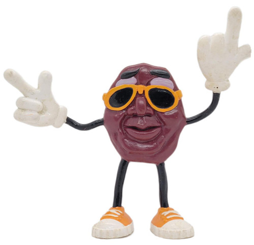Applause California Raisins 1987 California Raisins Bendables Ben Indasun Figure, a vintage figurine of a raisin character wearing orange sunglasses, white shoes, and striking a playful pose with arms raised.