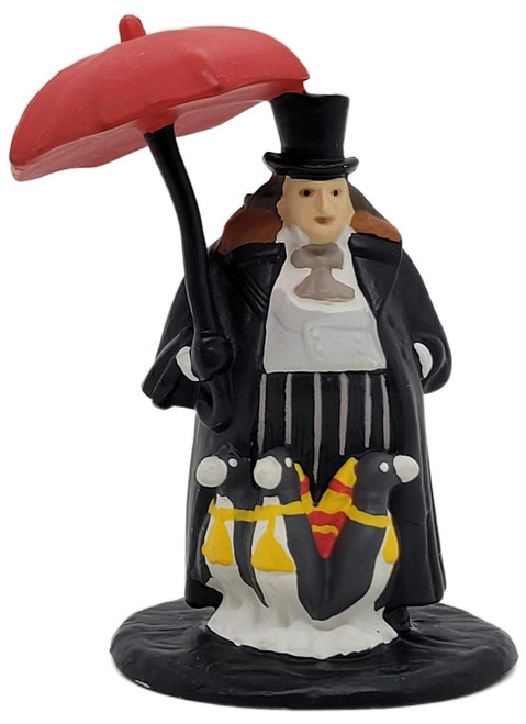 Applause 1992 DC Comics Batman The Penguin 3.5 inch PVC Figure, detailed figurine of Penguin wearing a top hat, tuxedo, holding a red umbrella, and surrounded by penguins with yellow vests.