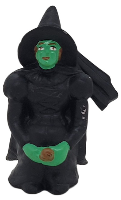The Wizard of Oz 2.5-inch tall 1989 PVC figure of the Wicked Witch of the West by Applause.  The Witch is green and wearing all black dress and hat and flying on her broom.