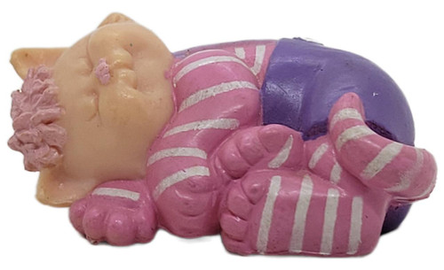 OAA 1985 Cabbage Patch Kids Koosas Cat Sleeping Pep PVC Figure in Pastel Clothes, cute sleeping cat with striped pink and purple pajamas.