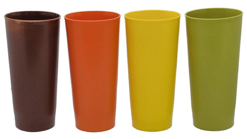 Tupperware Vintage Tupperware 16oz Tumblers Harvest Colors Set, four colorful tumblers in brown, orange, yellow, and green.