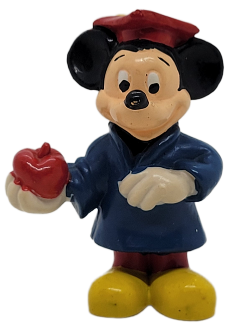 Disney's Mickey Mouse dressed for graduation PVC figure by Walt Disney Productions.  The 2.25-inch tall figure has Mickey Mouse wearing blue gown and red hat and pants.  Mickey's hat is red with yellow tassel and he has a apple in right hand.