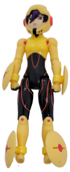 Bandai 2014 action figure of Go-Go Tomago from Disney Big Hero 6.  She is wearing black and yellow suit with shields at her feet and hands. Go-Go Tomago is a 5'4" female superheroine, known for her speed, tough, athletic, and loyal nature, and is a member of Big Hero 6.