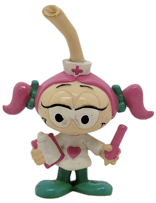 Schleich 1983 Snorks PVC figure of Casey Kelp as a nurse.  Casey is wearing her green pants with a white nurse uniform holding pink pencil with pink clipboard.  Casey is identified with her pink hair in ponytails to the side.  The Snorks are tiny underwater people with tubes in their heads that propel them from place to place.