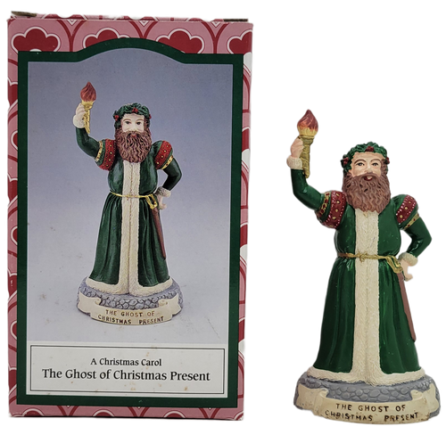 Novelino Gift Collection created a line of figurines for Charles Dickens, A Christmas Carol in 1993.  The figurine represents the Ghost of Christmas Present wearing a green robe with white trim and holding a torch in right hand.  He stands 5-inches tall and hand made in Indonesia.