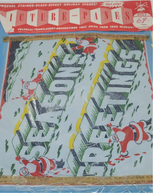 Arków Lewis Frosties 1953 Picture-Panes Stained Glass Effect Seasons Greetings Santas, vintage holiday stained glass decoration with Santa figures and Christmas trees, in a colorful, translucent design.